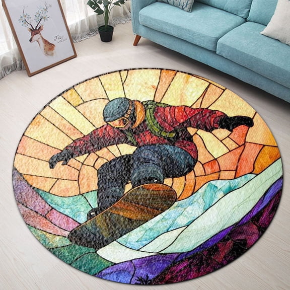 Round Rug, Snowboard Snowboarder Light Soft Washable Carpet, Non-Slip Floor Mat for Living Room Bedroom Home Decor 24 Inch