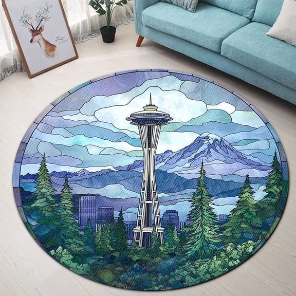 Round Rug, Space Needle Seattle Soft Washable Carpet, Non-Slip Floor Mat for Living Room Bedroom Home Decor 24 Inch