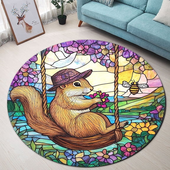 Round Rug, Squirrel1 Soft Washable Carpet, Non-Slip Floor Mat for Living Room Bedroom Home Decor 24 Inch