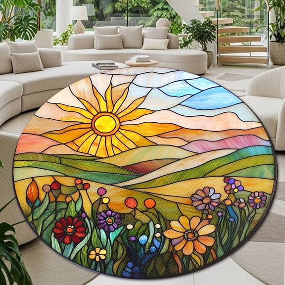 Round Rug, Sunburst Soft Washable Carpet, Non-Slip Floor Mat for Living Room Bedroom Home Decor 24 Inch