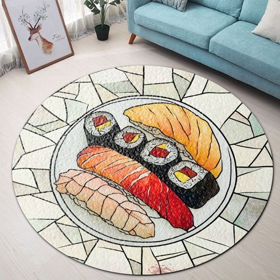 Round Rug, Sushi Japanese Food Soft Washable Carpet, Non-Slip Floor Mat for Living Room Bedroom Home Decor 24 Inch