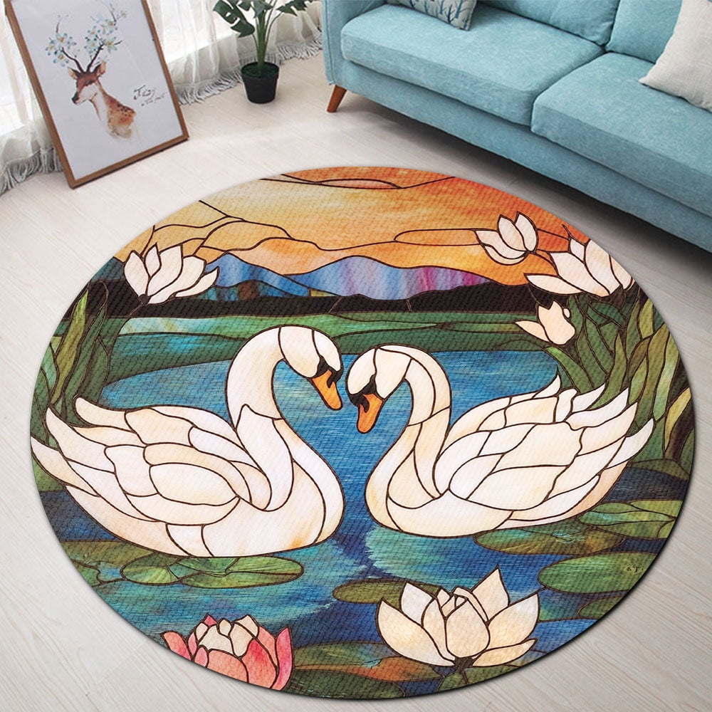 Round Rug, Swans Soft Washable Carpet, Non-Slip Floor Mat for Living Room Bedroom Home Decor 24 Inch