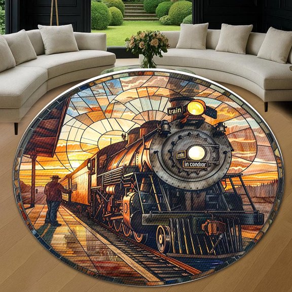 Round Rug, Train2 Art Design Soft Washable Carpet, Non-Slip Floor Mat for Living Room Bedroom Home Decor 24 Inch