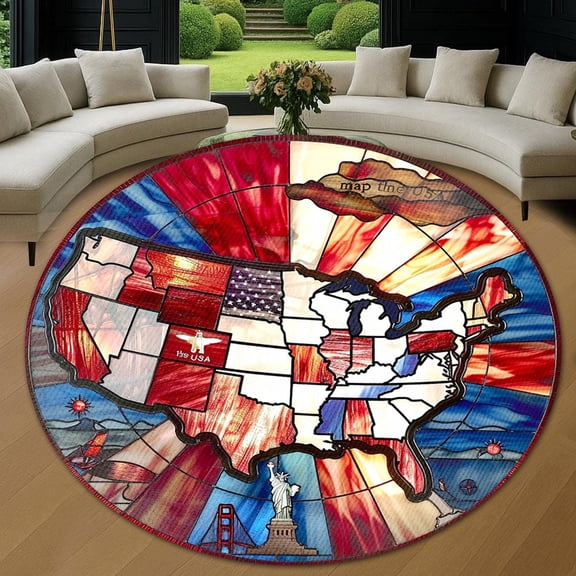 Round Rug, USA Map Cute Design Soft Washable Carpet, Non-Slip Floor Mat for Living Room Bedroom Home Decor 31 Inch