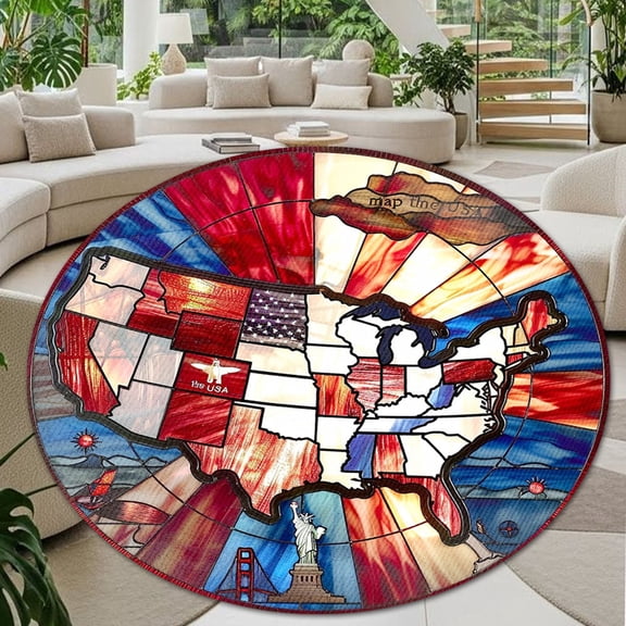 Round Rug, USA Map Soft Washable Carpet, Non-Slip Floor Mat for Living Room Bedroom Home Decor 24 Inch