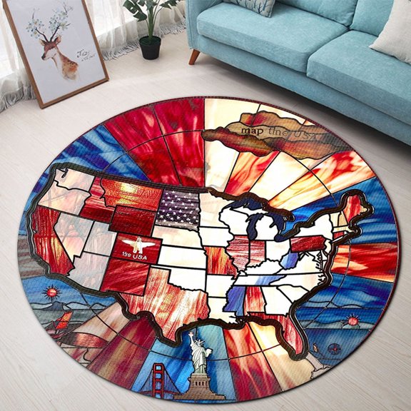 Round Rug, USA Map Soft Washable Carpet, Non-Slip Floor Mat for Living Room Bedroom Home Decor 24 Inch