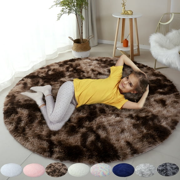 Round Rug Ultra-Soft Plush Modern Circle Area Rug for Bedroom, Fluffy Shag Circular Rug for Living Room, Non-Slip Rug, Brown