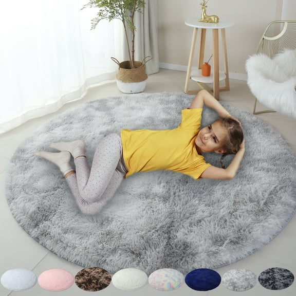 Round Rug Ultra-Soft Plush Modern Circle Area Rug for Bedroom, Fluffy Shag Circular Rug for Living Room, Non-Slip Rug, Gray