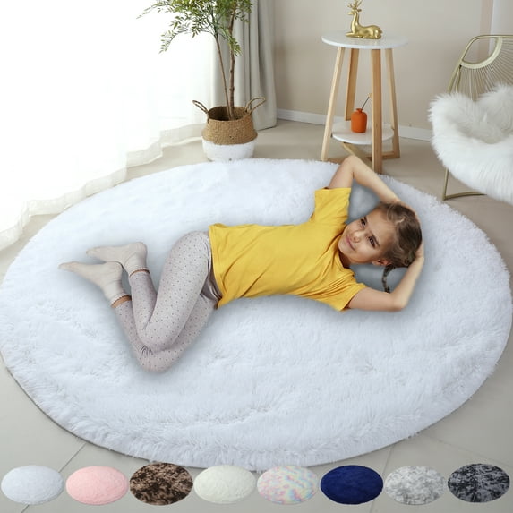 Round Rug Ultra-Soft Plush Modern Circle Area Rug for Bedroom, Fluffy Shag Circular Rug for Living Room, Non-Slip Rug, White
