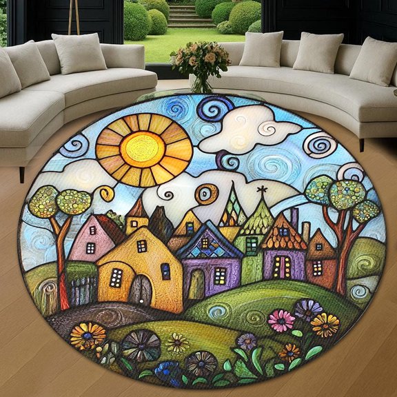 Round Rug, Village5 Cute Design Soft Washable Carpet, Non-Slip Floor Mat for Living Room Bedroom Home Decor 24 Inch