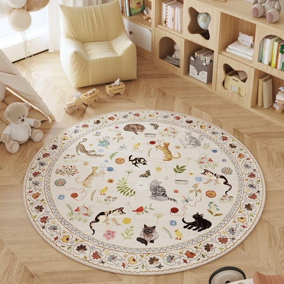 Round Rug Washable Circle Rug Non Slip Low Pile Boho Floral Animal Small Circular for Bedroom, Bathroom, Entryway, Kids Room, Office, College Dorm