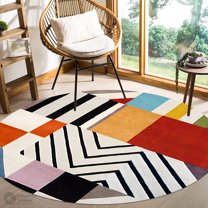 Round Rug, Wool Carpet 5x5, Living room, Bedroom, Hand Tuft, Geometric Carpet