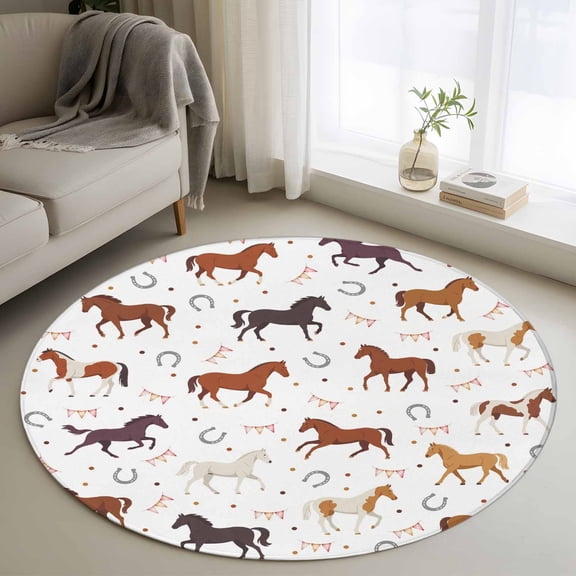Round Rugs 3.3 Ft, Beige Brown Horses Non Slip Area Rugs for Kitchen Bedroom Entryway, Horseshoes Farmhouse Abstract Art Washable Carpet Runner Rug Floor Mats for Bedroom Home Decor