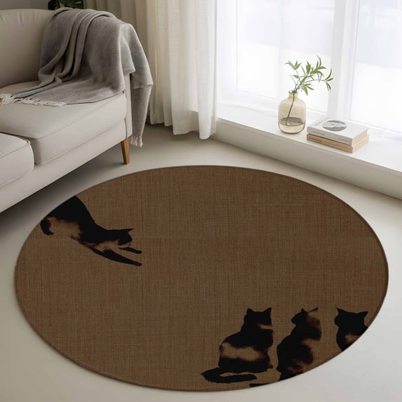 Round Rugs 3.3 Ft, Black Brown Cat Non Slip Area Rugs for Kitchen Bedroom Entryway, Retro Art Animals Rustic Washable Carpet Runner Rug Floor Mats for Bedroom Home Decor