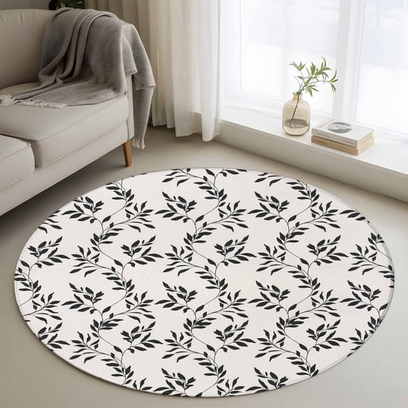 Round Rugs 3.3 Ft, Black Leaves Non Slip Area Rugs for Kitchen Bedroom Entryway, Vintage Leaf Botanical Minimalist Art Washable Carpet Runner Rug Floor Mats for Bedroom Home Decor