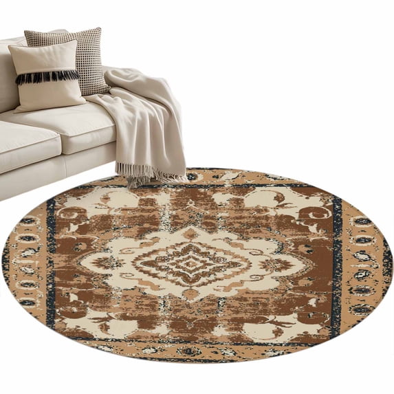 Round Rugs 3.3 Ft, Brown Boho Non Slip Area Rugs for Kitchen Bedroom Entryway, Retro Western Rustic Ethnic Tribal Patterns Washable Carpet Runner Rug Floor Mats for Bedroom Home Decor