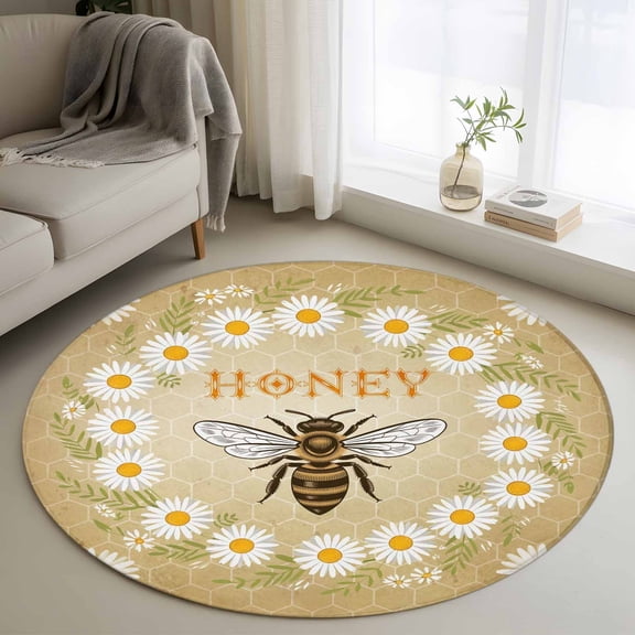 Round Rugs 3.3 Ft, Brown Daisy Bees Non Slip Area Rugs for Kitchen Bedroom Entryway, Spring Farmhouse Honey Floral Rings Washable Carpet Runner Rug Floor Mats for Bedroom Home Decor