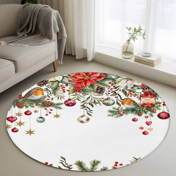 Round Rugs 3.3 Ft, Christmas Non Slip Area Rugs for Kitchen Bedroom Entryway, Xams Tree Winter Red Poinsettia Pine Cones Washable Carpet Runner Rug Floor Mats for Bedroom Home Decor