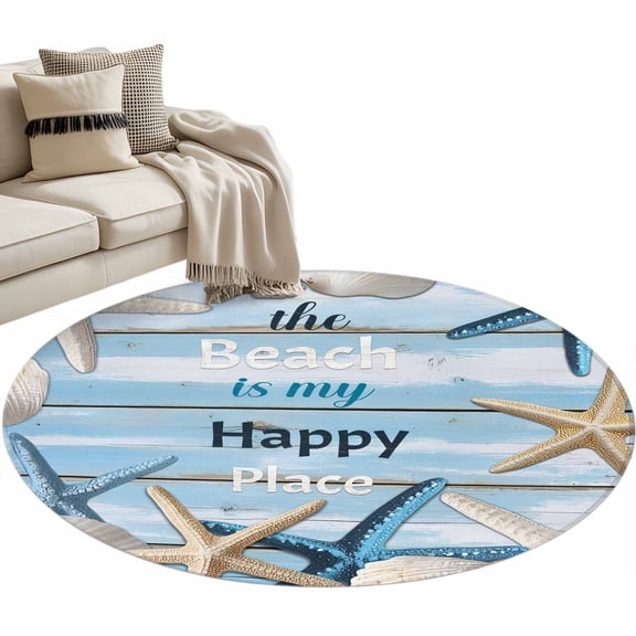 Round Rugs 3.3 Ft, Coastal Starfish Non Slip Area Rugs for Kitchen Bedroom Entryway, Ocean Nautical Seashells Blue Wooden Washable Carpet Runner Rug Floor Mats for Bedroom Home Decor