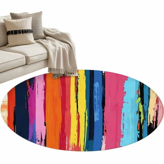 Round Rugs 3.3 Ft, Colorful Striped Non Slip Area Rugs for Kitchen Bedroom Entryway, Modern Rainbow Abstract Graffiti Art Washable Carpet Runner Rug Floor Mats for Bedroom Home Decor