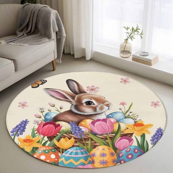 Round Rugs 3.3 Ft, Easter Bunny Non Slip Area Rugs for Kitchen Bedroom Entryway, Colorful Eggs Spring Tulips Flower Vintage Washable Carpet Runner Rug Floor Mats for Bedroom Home Decor