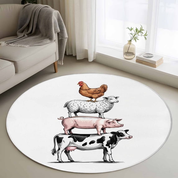 Round Rugs 3.3 Ft, Farm Animals Non Slip Area Rugs for Kitchen Bedroom Entryway, Watercolor Farmhouse Cow Pig Chickens Sheeps Washable Carpet Runner Rug Floor Mats for Bedroom Home Decor