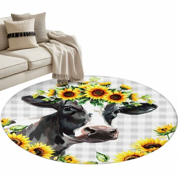 Round Rugs 3.3 Ft, Farmhouse Cow Non Slip Area Rugs for Kitchen Bedroom Entryway, Pastoral Sunflower Botanical Gray Plaid Washable Carpet Runner Rug Floor Mats for Bedroom Home Decor