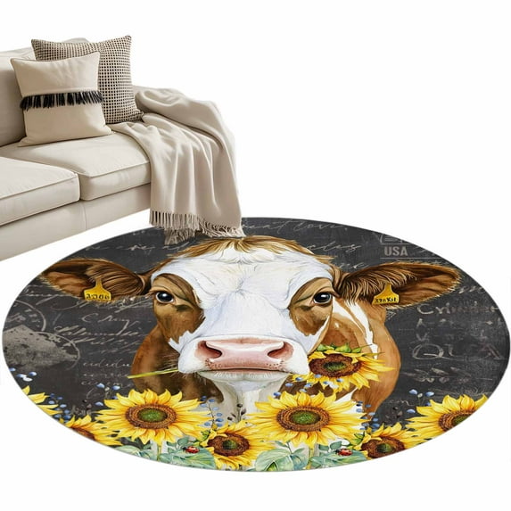 Round Rugs 3.3 Ft, Farmhouse Cow Non Slip Area Rugs for Kitchen Bedroom Entryway, Vintage Country Sunflower Botanical Black Washable Carpet Runner Rug Floor Mats for Bedroom Home Decor