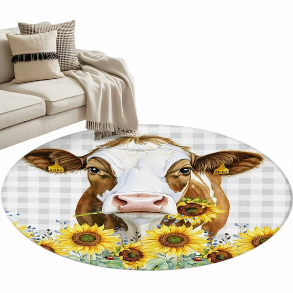 Round Rugs 3.3 Ft, Farmhouse Cow Non Slip Area Rugs for Kitchen Bedroom Entryway, Vintage Country Sunflower Gray Plaid Washable Carpet Runner Rug Floor Mats for Bedroom Home Decor
