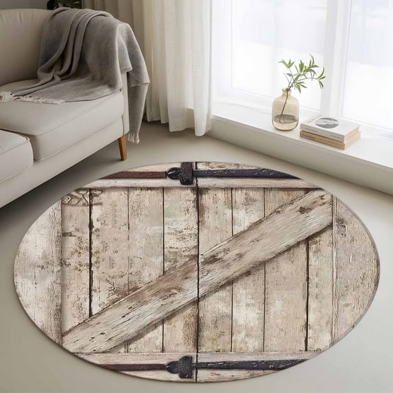 Round Rugs 3.3 Ft, Farmhouse Wood Grain Non Slip Area Rugs for Kitchen Bedroom Entryway, Vintage Country Barn Gate Brown Washable Carpet Runner Rug Floor Mats for Bedroom Home Decor