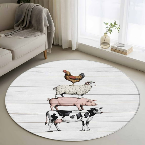 Round Rugs 3.3 Ft, Farmhouse Wooden Grain Non Slip Area Rugs for Kitchen Bedroom Entryway, Modern Country Cow Pig Chicken Washable Carpet Runner Rug Floor Mats for Bedroom Home Decor