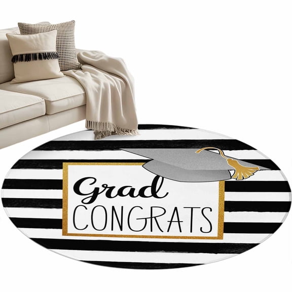 Round Rugs 3.3 Ft, Graduation Trencher Cap Non Slip Area Rugs for Kitchen Bedroom Entryway, Farmhouse White Black Horizontal Stripes Washable Carpet Runner Rug Floor Mats for Bedroom Home Decor
