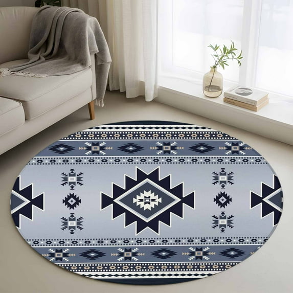 Round Rugs 3.3 Ft, Navy Blue Boho Non Slip Area Rugs for Kitchen Bedroom Entryway, Southwestern Geometric Vintage Abstract Art Washable Carpet Runner Rug Floor Mats for Bedroom Home Decor