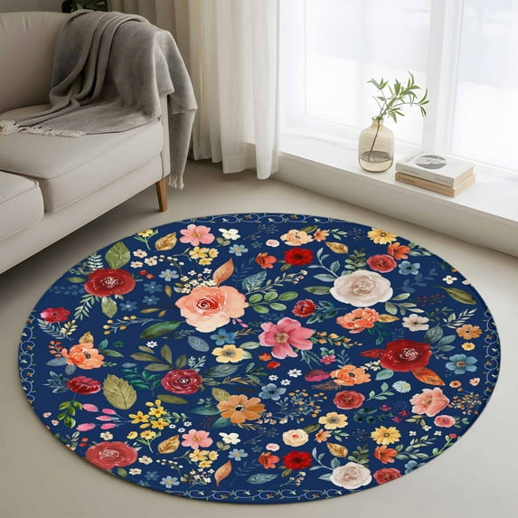Round Rugs 3.3 Ft, Navy Blue Flowers Non Slip Area Rugs for Kitchen Bedroom Entryway, Spring Vintage Floral Leaves Farmhouse Washable Carpet Runner Rug Floor Mats for Bedroom Home Decor