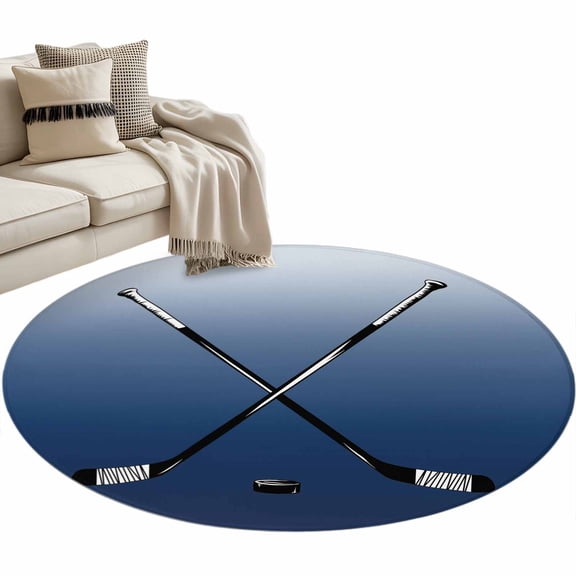 Round Rugs 3.3 Ft, Navy Blue Ombre Non Slip Area Rugs for Kitchen Bedroom Entryway, Black Hockey Sticks Minimalist Style Washable Carpet Runner Rug Floor Mats for Bedroom Home Decor