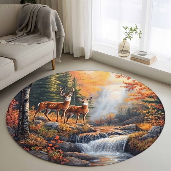 Round Rugs 3.3 Ft, Orange Botanical Elk Non Slip Area Rugs for Kitchen Bedroom Entryway, Farmhouse Deer River Washable Carpet Runner Rug Floor Mats for Bedroom Home Decor