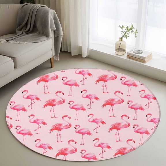 Round Rugs 3.3 Ft, Pink Flamingo Non Slip Area Rugs for Kitchen Bedroom Entryway, Summer Animals Washable Carpet Runner Rug Floor Mats for Bedroom Home Decor