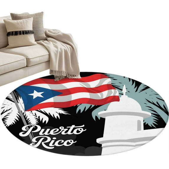 Round Rugs 3.3 Ft, Puerto Rico Flag Non Slip Area Rugs for Kitchen Bedroom Entryway, Modern Art Palm Tree American Flags Washable Carpet Runner Rug Floor Mats for Bedroom Home Decor