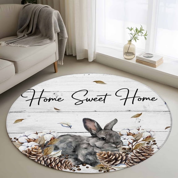 Round Rugs 3.3 Ft, Rabbits Pine Cone Non Slip Area Rugs for Kitchen Bedroom Entryway, Sweet Home Texture Farmhouse Grey Wooden Washable Carpet Runner Rug Floor Mats for Bedroom Home Decor