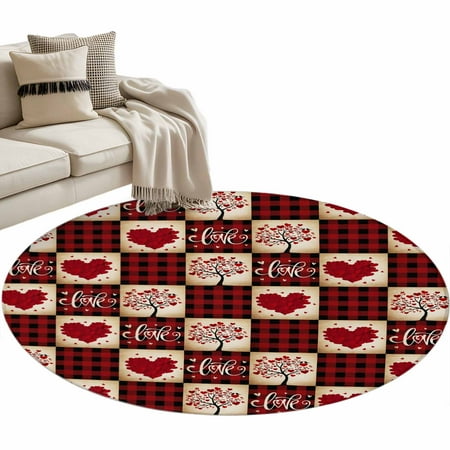Round Rugs 3.3 Ft, Red Plaid Valentine's Day Non Slip Area Rugs for Kitchen Bedroom Entryway, Checkered Farmhouse Valentines Washable Carpet Runner Rug Floor Mats for Bedroom Home Decor