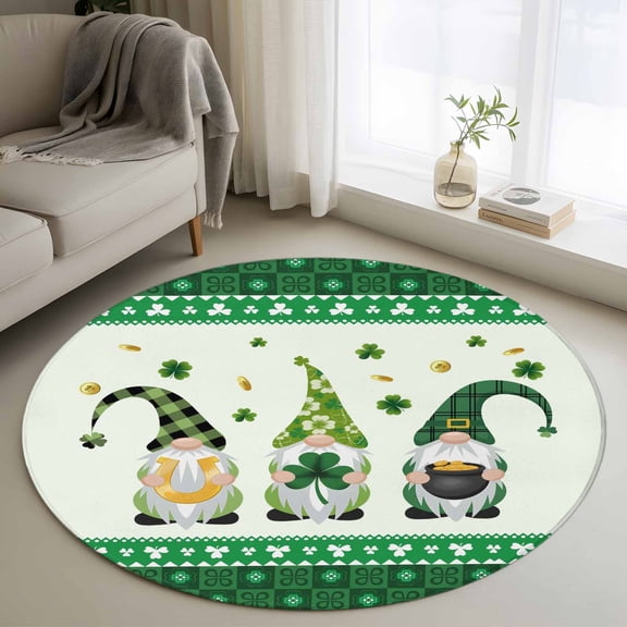 Round Rugs 3.3 Ft, Saint Patrick's Day Non Slip Area Rugs for Kitchen Bedroom Entryway, Green Gnomes Shamrock Gold Coin Washable Carpet Runner Rug Floor Mats for Bedroom Home Decor