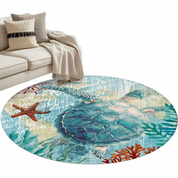 Round Rugs 3.3 Ft, Sea Turtle Coastal Non Slip Area Rugs for Kitchen Bedroom Entryway, Nautical Summer Coral Ocean Vintage Washable Carpet Runner Rug Floor Mats for Bedroom Home Decor