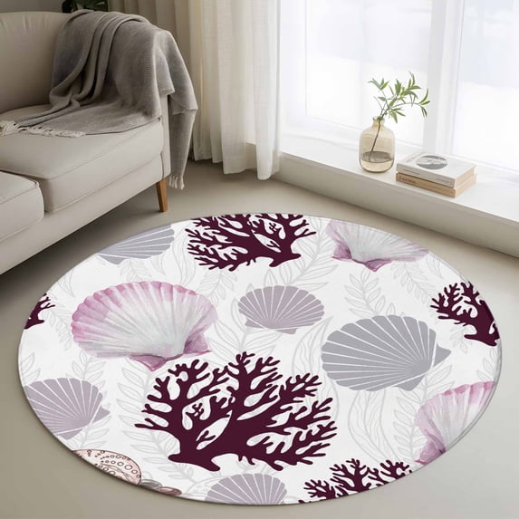 Round Rugs 3.3 Ft, Shell Coral Coastal Non Slip Area Rugs for Kitchen Bedroom Entryway, Nautical Summer Beach Ocean Sea Washable Carpet Runner Rug Floor Mats for Bedroom Home Decor