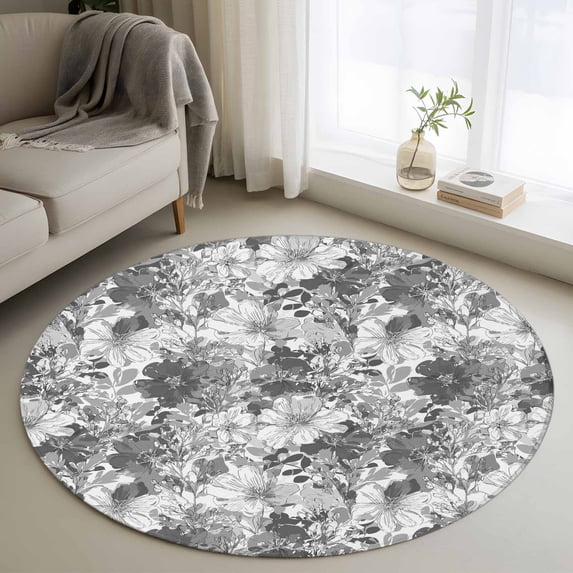 Round Rugs 3.3 Ft, Spring Floral Non Slip Area Rugs for Kitchen Bedroom Entryway, Retro Country Flowers Leaves Botanical Gray Washable Carpet Runner Rug Floor Mats for Bedroom Home Decor