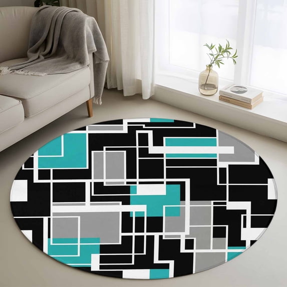Round Rugs 3.3 Ft, Teal Blue Black Geometric Non Slip Area Rugs for Kitchen Bedroom Entryway, Modern Abstract Art Block Washable Carpet Runner Rug Floor Mats for Bedroom Home Decor