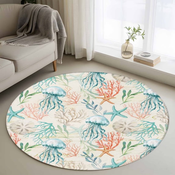 Round Rugs 3.3 Ft, Teal Red Jellyfish Coastal Non Slip Area Rugs for Kitchen Bedroom Entryway, Nautical Beach Coral Starfish Washable Carpet Runner Rug Floor Mats for Bedroom Home Decor