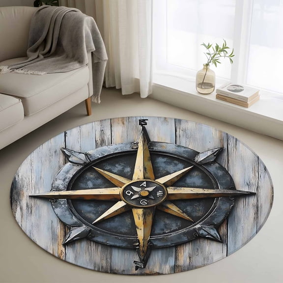 Round Rugs 3.3 Ft, Vintage Compass Coastal Non Slip Area Rugs for Kitchen Bedroom Entryway, Nautical Ocean Summer Beach Washable Carpet Runner Rug Floor Mats for Bedroom Home Decor