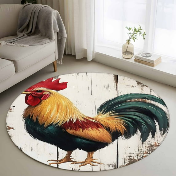 Round Rugs 3.3 Ft, Vintage Rooster Non Slip Area Rugs for Kitchen Bedroom Entryway, Retro Farmhouse Rooster Watercolor Washable Carpet Runner Rug Floor Mats for Bedroom Home Decor