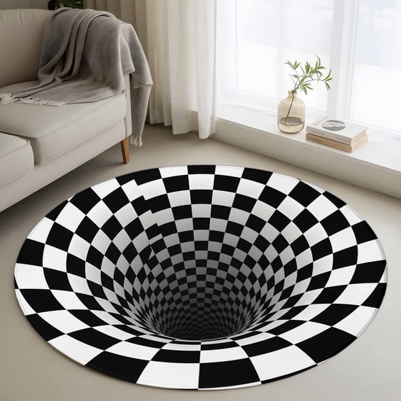 Round Rugs 3.3Ft, 3D Optical Illusion Round Area Rug Washable Indoor Throw Carpet, Black White Checkered Gingham Plaid Vortex Soft Non Slip Circle Rug for Laundry Room Patio Home Decor Aesthetic