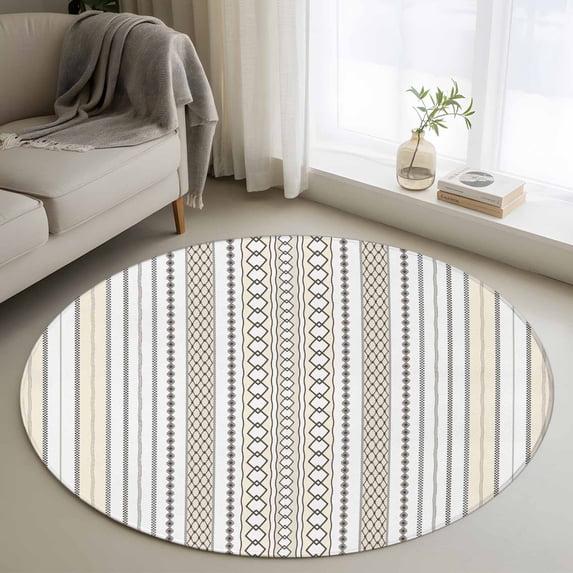 Round Rugs 3.3Ft, Beige Brown Striped Round Area Rug Washable Indoor Throw Carpet, Modern Farmhouse Geometric Soft Non Slip Circle Rug for Laundry Room Patio Home Decor Aesthetic